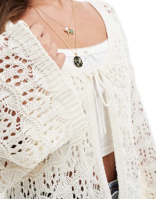 Miss Selfridge crochet tie front boho cardigan in cream - Image 4