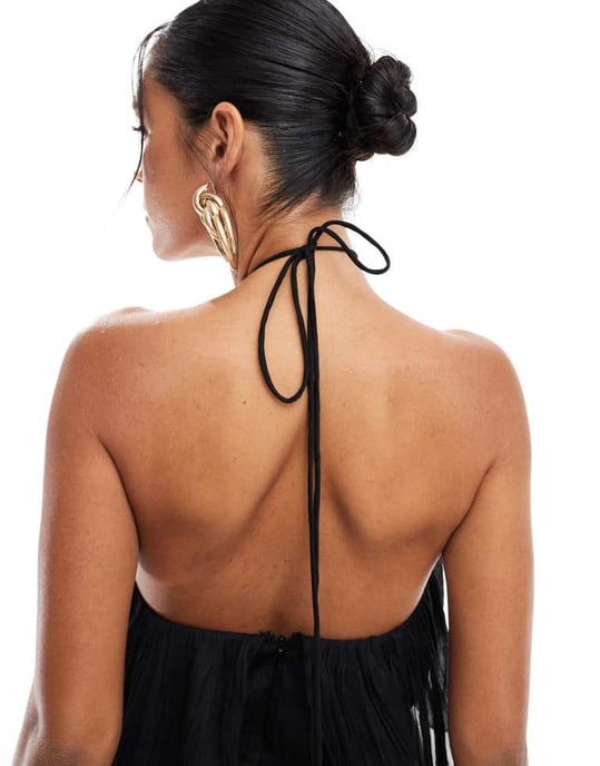 ASOS DESIGN textured halter wide leg jumpsuit with frill detail in black - Image 2