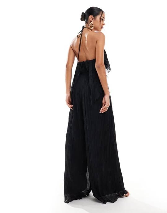 ASOS DESIGN textured halter wide leg jumpsuit with frill detail in black - Image 3