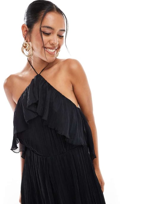 ASOS DESIGN textured halter wide leg jumpsuit with frill detail in black - Image 4