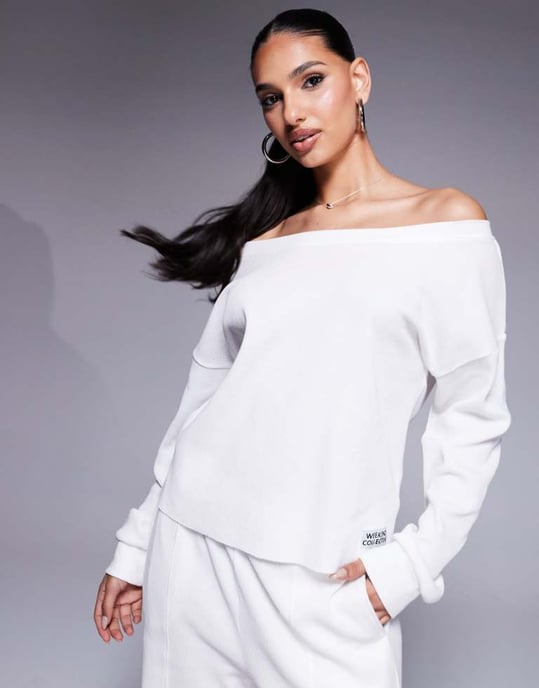 Weekend Collective off shoulder våfflad topp co-ord i krämfärg - Image 1