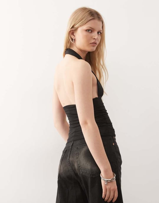 Weekday Aline deep halter neck top in black - Image 3