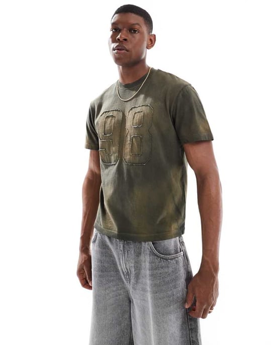ASOS DESIGN tung boxig t-shirt i tvättad grön med nummersymsel - Image 2