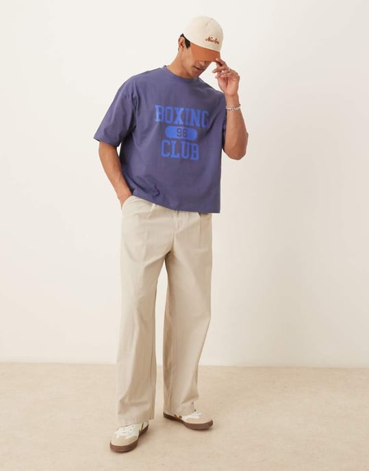 ASOS DESIGN tung 240g oversized boxig t-shirt med boxningstryck i blått - Image 2