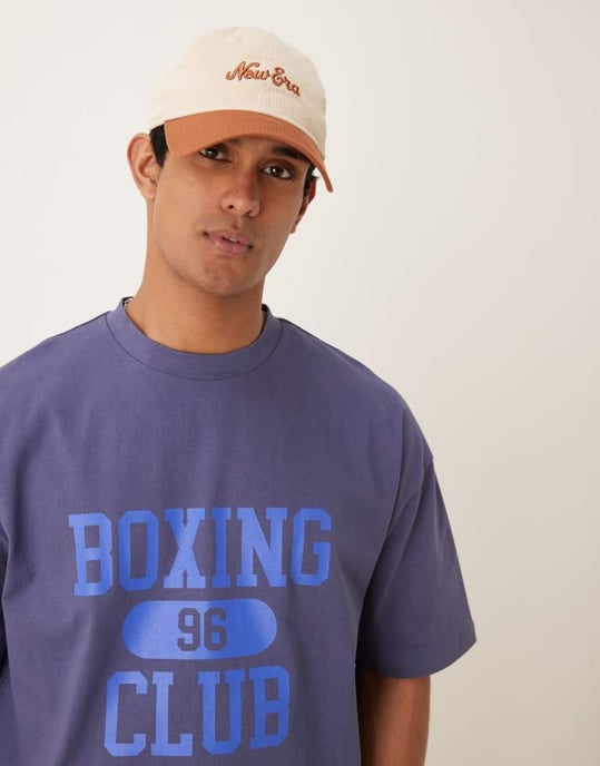 ASOS DESIGN tung 240g oversized boxig t-shirt med boxningstryck i blått - Image 4