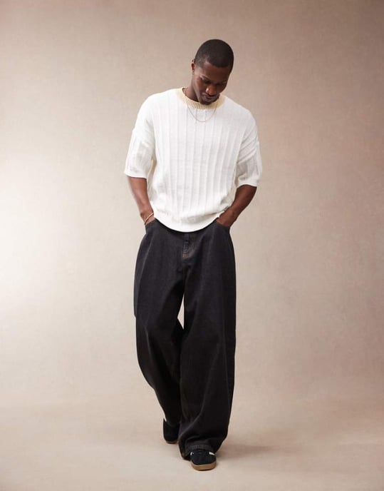 ASOS DESIGN oversized boxy fit tung textur ribbad stickad t-shirt med rund hals i ecru - Image 1