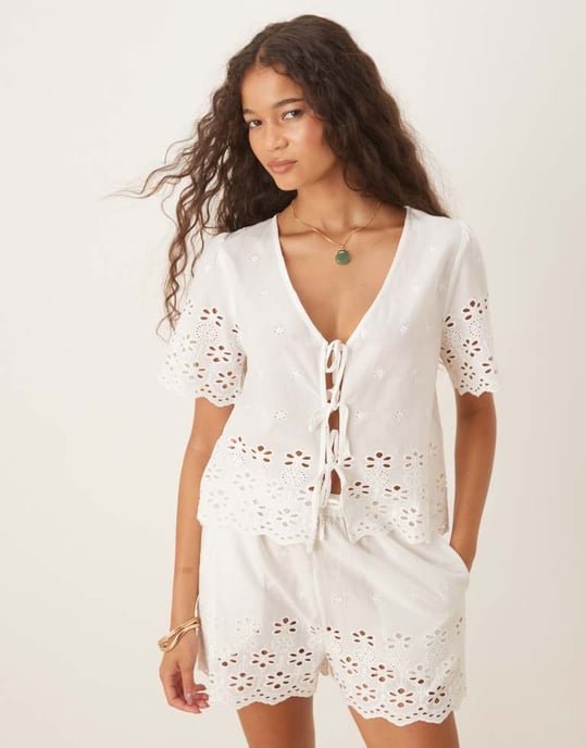 Iisla & Bird broderie tie front short sleeve beach shirt co-ord in white - Image 3
