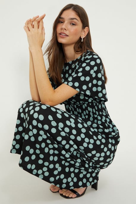 Spot Shirred Waist Short Sleeve Midi Dress - Image 2