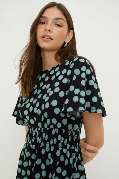Spot Shirred Waist Short Sleeve Midi Dress - Image 4