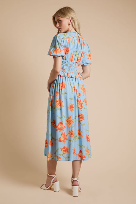 Floral Shirred Bodice Frill Midi Dress - Image 3