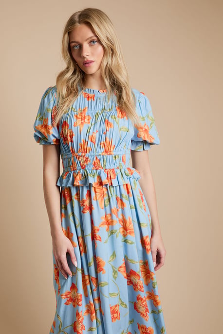 Floral Shirred Bodice Frill Midi Dress - Image 4