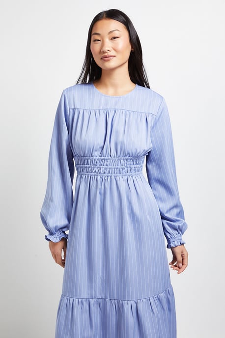 Petite Shirred Bodice Tiered Stripe Midi Dress - Image 4