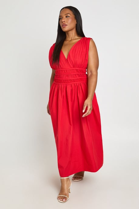 Plus Shirred Waist V Neck Midaxi  Dress - Image 3