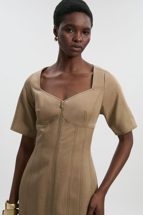 Tencel Cotton Contrast Stitch Zip Front Woven Midi Dress - Image 2