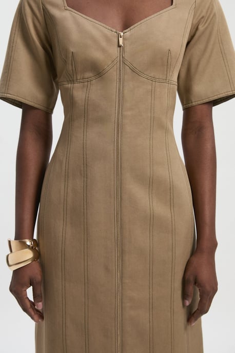 Tencel Cotton Contrast Stitch Zip Front Woven Midi Dress - Image 3