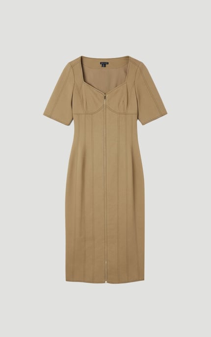 Tencel Cotton Contrast Stitch Zip Front Woven Midi Dress - Image 4