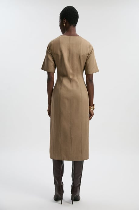 Tencel Cotton Contrast Stitch Zip Front Woven Midi Dress - Image 5