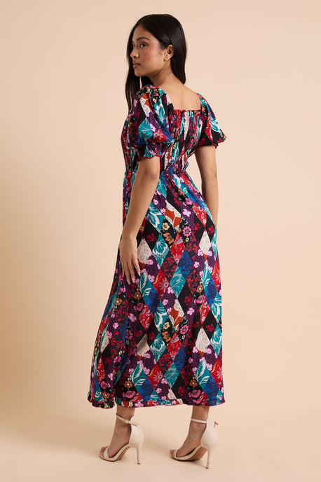 Petite Patchwork Floral Shirred Bodice Trim Detail Midaxi Dress - Image 3