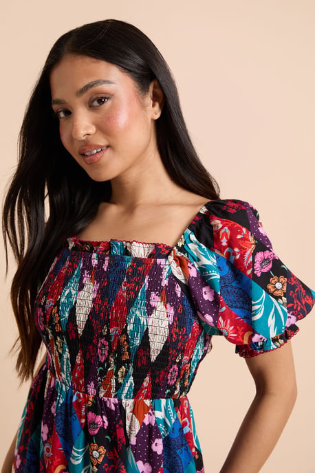 Petite Patchwork Floral Shirred Bodice Trim Detail Midaxi Dress - Image 4