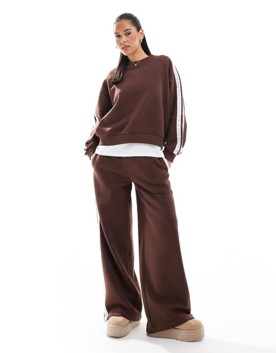 Miss Selfridge premium lace stripe sweatshirt in chocolate - Image 2