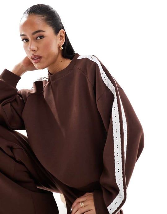 Miss Selfridge premium lace stripe sweatshirt in chocolate - Image 3