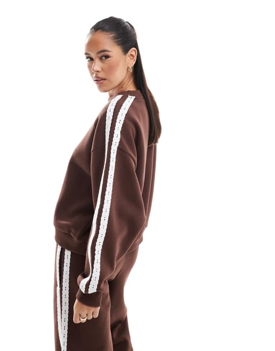 Miss Selfridge premium lace stripe sweatshirt in chocolate - Image 4
