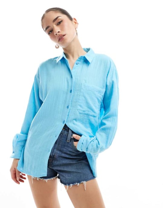 ASOS DESIGN oversize strukturerad bomull skjorta i blått - Image 1