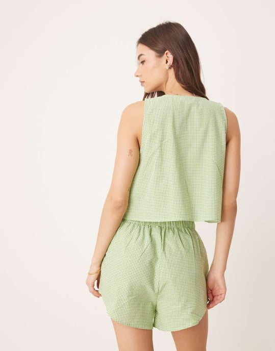 Luna gingham vest and short pyjama set in green check - Image 4