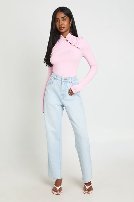Ruched Long Sleeve Asym Button Up Bodysuit - Image 3