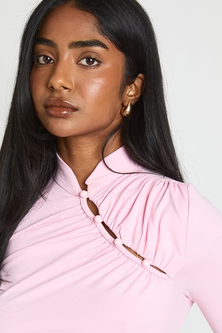 Ruched Long Sleeve Asym Button Up Bodysuit - Image 4