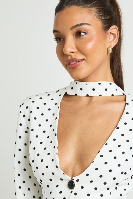 Polka Dot Scarf Detail Fitted Blazer - Image 4