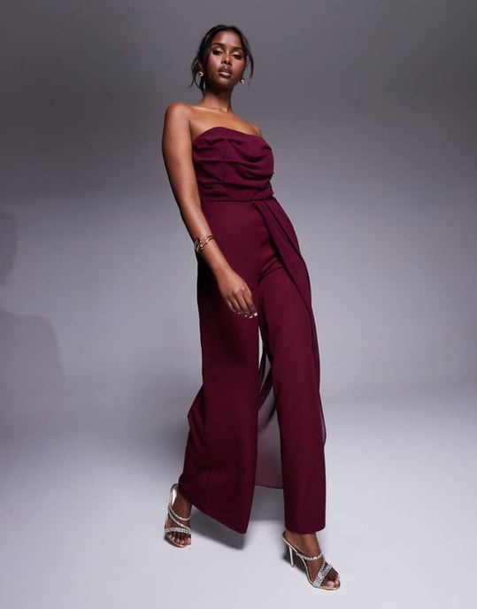 ASOS DESIGN bandeau chiffon bodice tailored trouser jumpsuit in burgundy - Image 1
