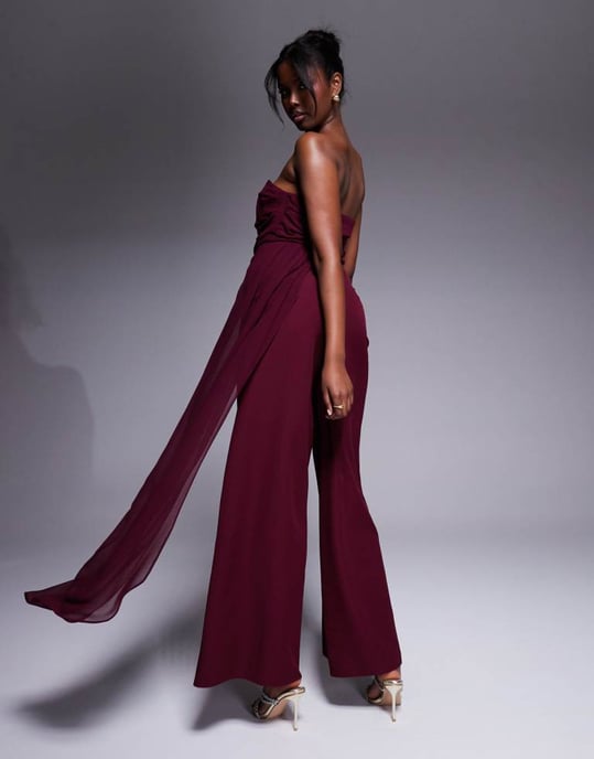 ASOS DESIGN bandeau chiffon bodice tailored trouser jumpsuit in burgundy - Image 2