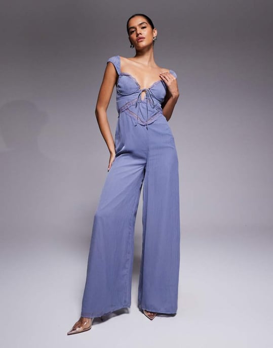 ASOS DESIGN lace insert corset detail wide leg jumpsuit in dusky blue - Image 1