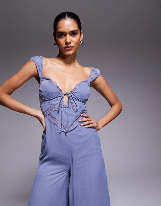 ASOS DESIGN lace insert corset detail wide leg jumpsuit in dusky blue - Image 2