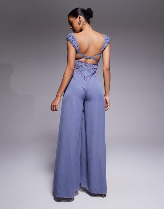 ASOS DESIGN lace insert corset detail wide leg jumpsuit in dusky blue - Image 3