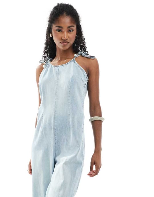 Monki lightweight denim halter neck jumpsuit in blue wash - Image 2