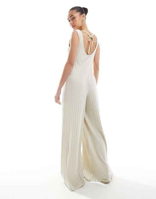 ASOS DESIGN ärmlös jumpsuit i bred ribbad struktur i stenfärg - Image 2