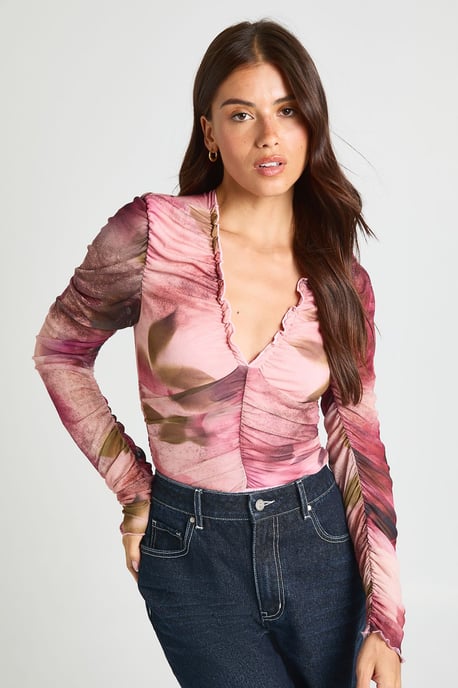Blurred Floral Print Mesh Ruched Neckline Long Sleeve Bodysuit - Image 1