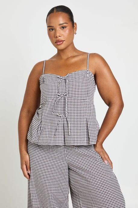 Plus Gingham Bow Detail Cami Top And Wide Leg Trouser Co Ord - Image 4