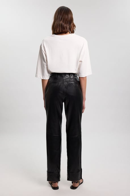 Leather Straight Leg Button Detail Trouser - Image 3
