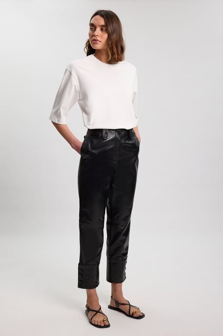 Leather Straight Leg Button Detail Trouser - Image 4