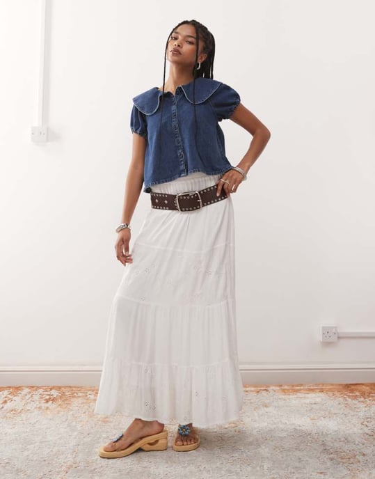 Återvunnen vintage puffärm blus med Peter Pan-krage i denim - Image 2