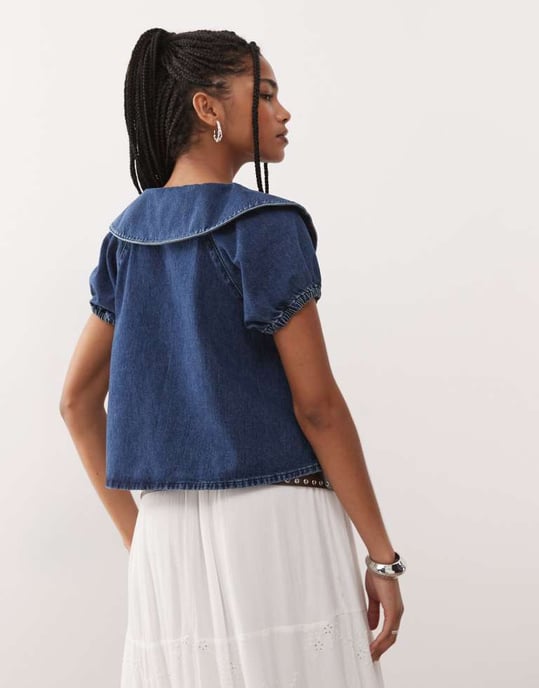 Återvunnen vintage puffärm blus med Peter Pan-krage i denim - Image 3