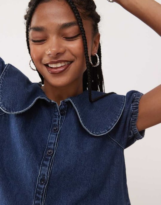 Återvunnen vintage puffärm blus med Peter Pan-krage i denim - Image 4