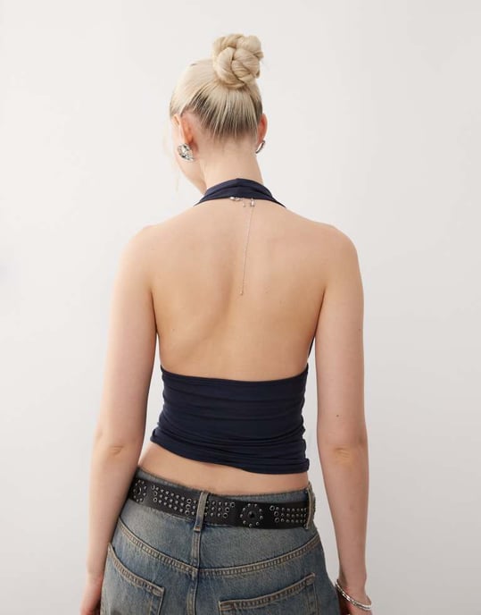Weekday Aline deep halter neck top in navy - Image 4
