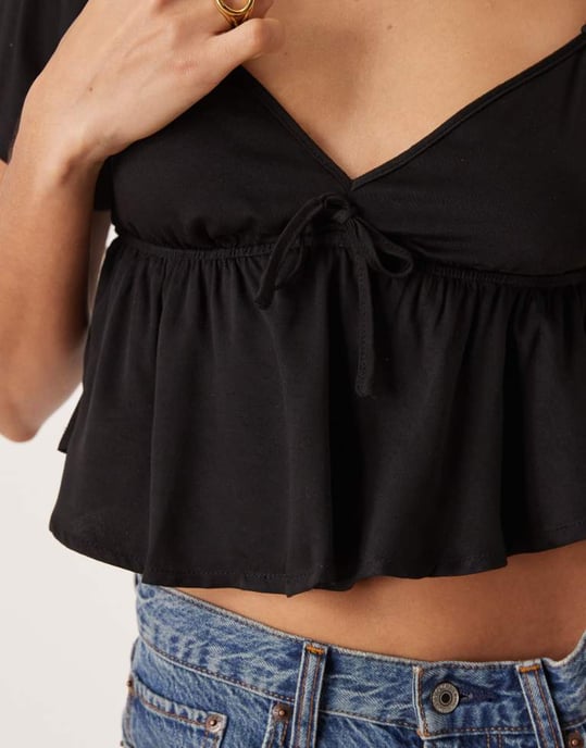 Pimkie tie front puff sleeve peplum blouse in black - Image 3