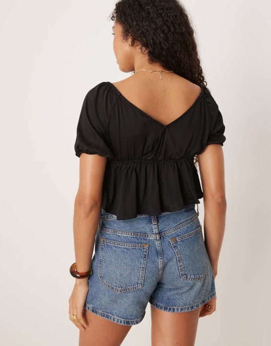 Pimkie tie front puff sleeve peplum blouse in black - Image 4