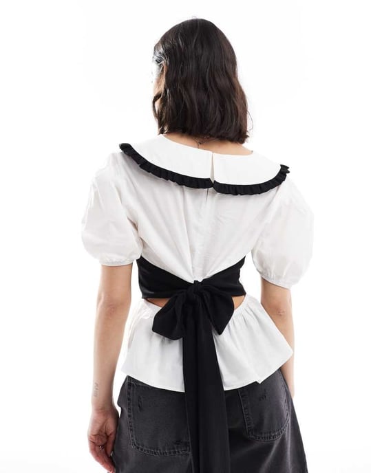 ASOS DESIGN skjorta med knyt bakom och volangkrage i vitt och svart - Image 2