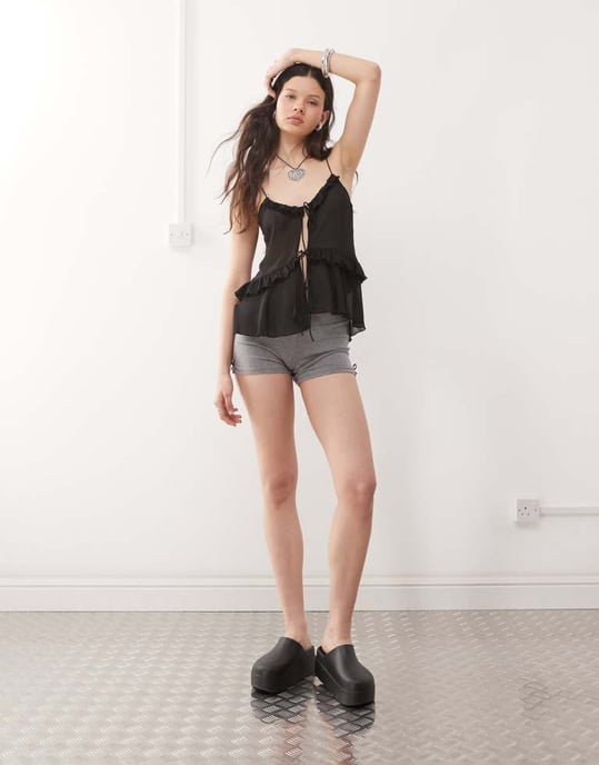 Weekday frill tie front cami top in black - Image 3